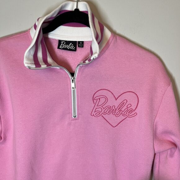 Barbie Sweatshirt Womens Size S Pink White Logo Barbie Movie Quarter Zip - Picture 3 of 9